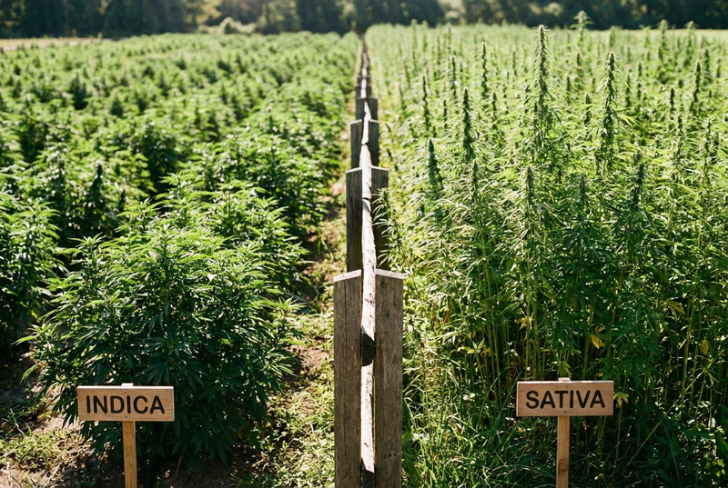 Champs d'Indica et de Sativa séparés par une barrière, avec écriteaux « Indica » et « Sativa » — fleurs CBD, Green Society Lyon