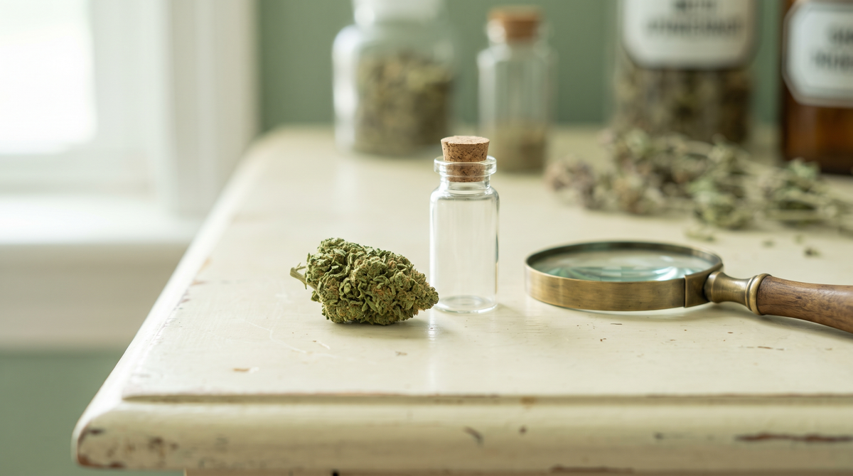 Fleur de chanvre, fiole en verre et loupe sur une table d'apothicaire — comprendre le CBD, Green Society